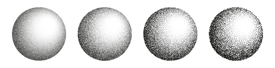 Round shaped dotted objects, stipple elements. Fading gradient. Stippling, dotwork drawing, shading using dots. Pixel disintegration, halftone effect. White noise grainy texture. Vector illustration