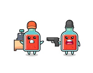 illustration of the cute square poison bottle as a cashier is pointed a gun by a robber