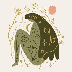 Boho sacred magic woman mystical symbol flat holistic healing meditation Reiki New Age concept modern abstract silhouette vector illustration
