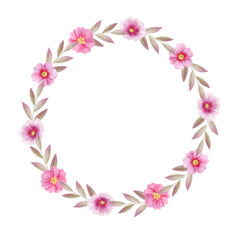 Wreath of pink primrose flowers, watercolor
