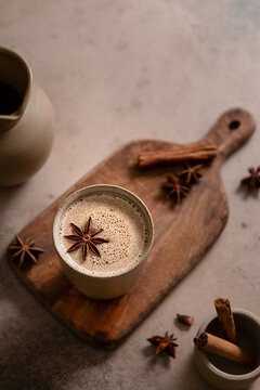 Spiced chai latte with star anise and cinnamon.