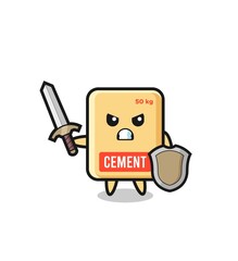 cute cement sack soldier fighting with sword and shield