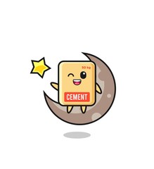 illustration of cement sack cartoon sitting on the half moon