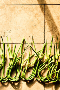 Green Garlic Scapes on tiles