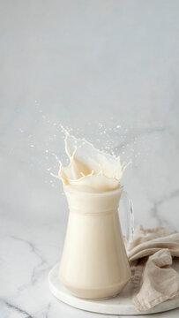 No-dairy plant milk splashes in glass jug on white marble background