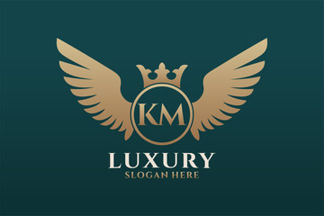 Luxury royal wing Letter KM crest Gold color Logo vector, Victory logo, crest logo, wing logo, vector logo template.
