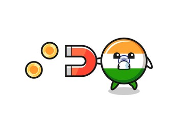 the character of india flag hold a magnet to catch the gold coins
