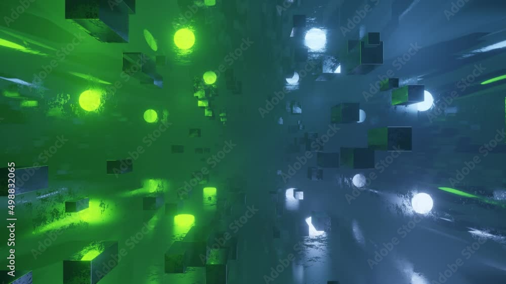 Poster sci-fi constructions, mysterious 3d objects in fog. fly through technology cyberspace with neon glow
