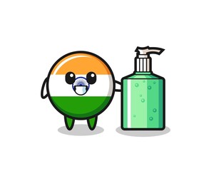cute india flag cartoon with hand sanitizer