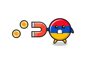 the character of armenia flag hold a magnet to catch the gold coins
