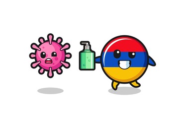 illustration of armenia flag character chasing evil virus with hand sanitizer