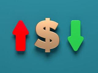 The golden dollar sign and red-green finance arrow. On grayish blue background. Horizontal composition with copy space.