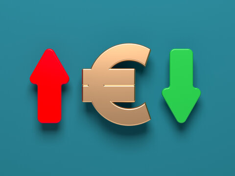 The golden euro symbol and red-green finance arrow. On grayish blue background. Horizontal composition with copy space.