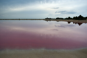 Pink lagoon with sunset, Las Coloradas, Yucatan, Mexico.