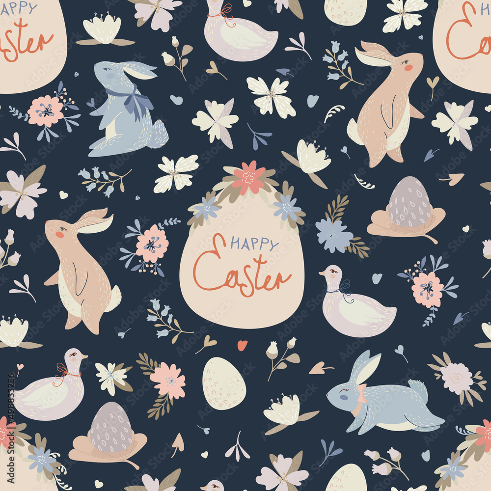Aufkleber seamless pattern with different easter eggs and rabbit on dark background.