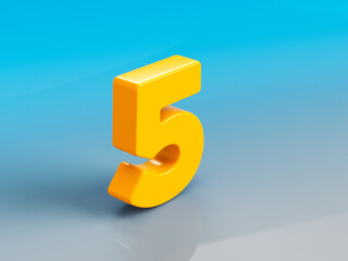 Orange-colored number five. On grayish-blue colored background. Horizontal composition with copy space. Focused image.