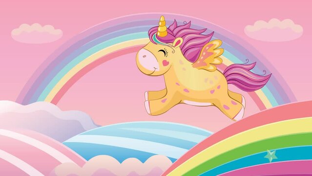 Little unicorn. Cute pony or horse flying in the clouds. Starry sky. Fairytale background with rainbow and animals. Fabulous landscape. Children's cartoon animation. Wonderland. Kind and funny video.