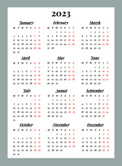 Vertical calendar grid for 2023 in A4 format, week starts from Monday
