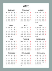 Vertical calendar grid for 2026 in A4 format, week starts from Monday