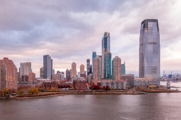 Naklejka premium Aerial view of Jersey City skyline during sunset