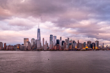 Fototapeta na wymiar Aerial view of Manhattan skyline during sunset