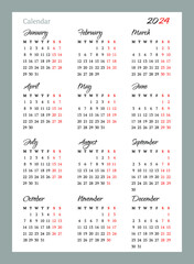 Vertical calendar grid for 2024 in A4 format, week starts from Monday