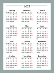 Vertical calendar grid for 2025 in A4 format, week starts from Monday