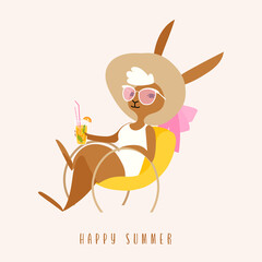 Cute rabbit wearing sunglasses sitting on beach chair with drink. Summer concept. Animal character design. Kawaii bunny. Vector flat style illustration