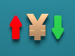 The golden yen symbol and red-green finance arrow. On grayish blue background. Horizontal composition with copy space.