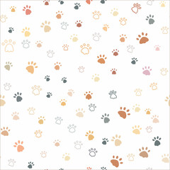 Cat paw print vector illustration. Dog, different colored animal footprints on a white background. Seamless pattern of animal paws - obrazy, fototapety, plakaty