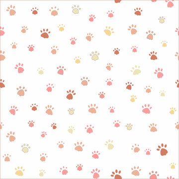 Cat paw print vector illustration. Dog, different colored animal footprints on a white background. Seamless pattern of animal paws