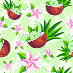 Citron vert dans la noix de coco avec des fleurs de plumeria rose été tropical sans couture répéter motif textile art vectoriel
