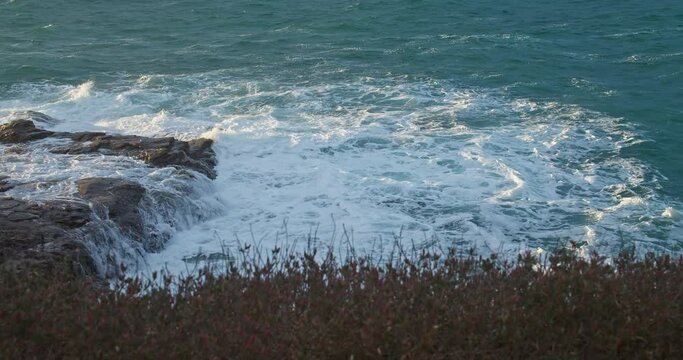 Gentle Waves Hitting The Rocky Seaside Of Perran Coast Sea On The North Of Cornwall England, United Kingdom- Static
