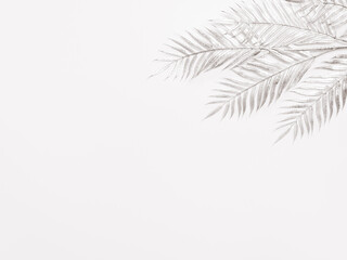 Artificial silver exotic tropical palm leaves on a white background with copy space. Minimal monochromatic summer concept. Flat lay.