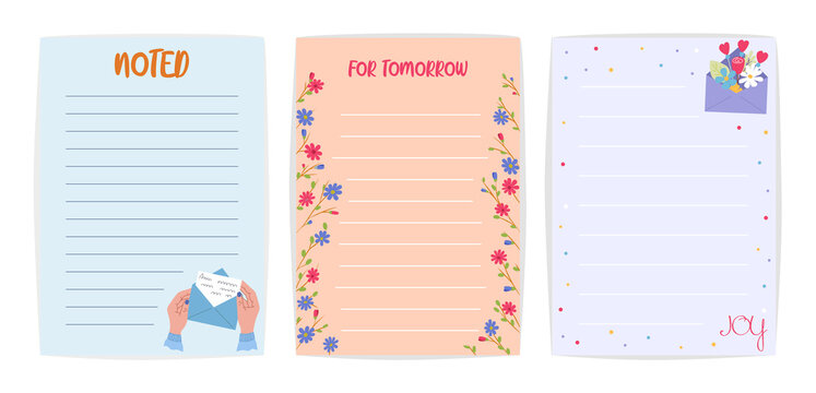 Set of cute agenda, notepad page with place for text. Blank to-do list, planner sheets with envelopes and flowers. Flat vector illustration isolated on white background.