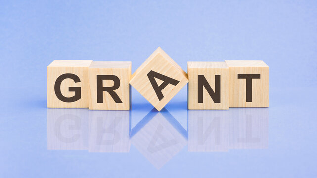 GRANT - word is written on wooden cubes on a blue background. close-up of wooden elements
