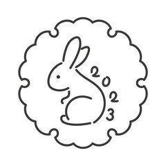 2023年卯年　和のフレームとうさぎの線画イラスト　黒色