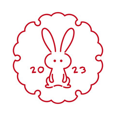 2023年卯年　和のフレームと正面を向いたうさぎのイラスト　赤色
