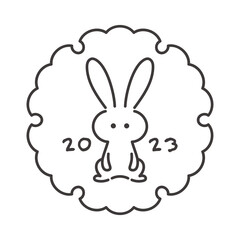 2023年卯年　和のフレームと正面を向いたうさぎのイラスト　黒色