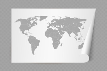 Detailed world map with borders of states on white sheet of paper with curled corner. Vector illustration EPS10