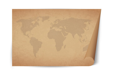 Detailed world map on brown old sheet of paper with curled corner. Historical parchment with land globe Vector illustration EPS10