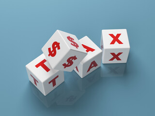 Red-colored dollar symbol and white-colored cubes on the light blue-colored background. Horizontal composition with copy space.