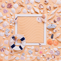 Creative arrangement of sea shells. Exotic concept with copy space. Border arrangement. Flat lay.