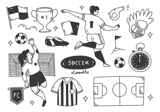 Hand Drawn Soccer Ball Championship and Equipments Doodle Vector Illustration