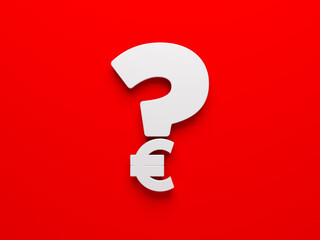 White-colored question symbol and euro icon. On red-colored background. Horizontal composition isolated with clipping path.