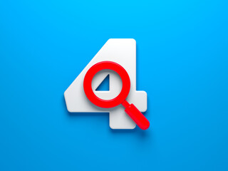 Red-colored magnifying glass and number four. On the blue-colored background. Horizontal composition isolated with clipping path.