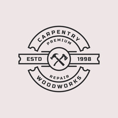 Fototapeta premium Vintage Retro Badge Working Tools, Carpentry, Workshop Labels, Logos Design Elements