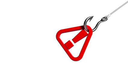 Red-colored triangle-shaped spam icon and fishing hook. On the white-colored background. Horizontal composition isolated with clipping path.