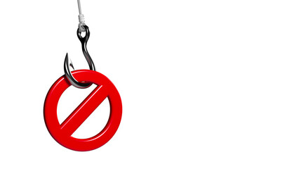 Red-colored circle-shaped spam icon and fishing hook. On the white-colored background. Horizontal composition isolated with clipping path.