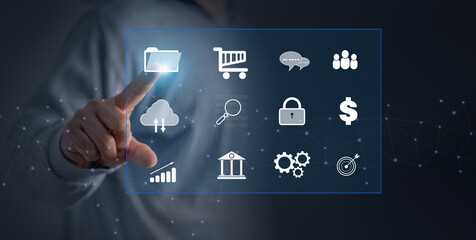 Hand pointing at virtual screen with application on computer network, cloud, e mail, global security. Internet of things, digital search, online shopping, finance and banking, online communication.